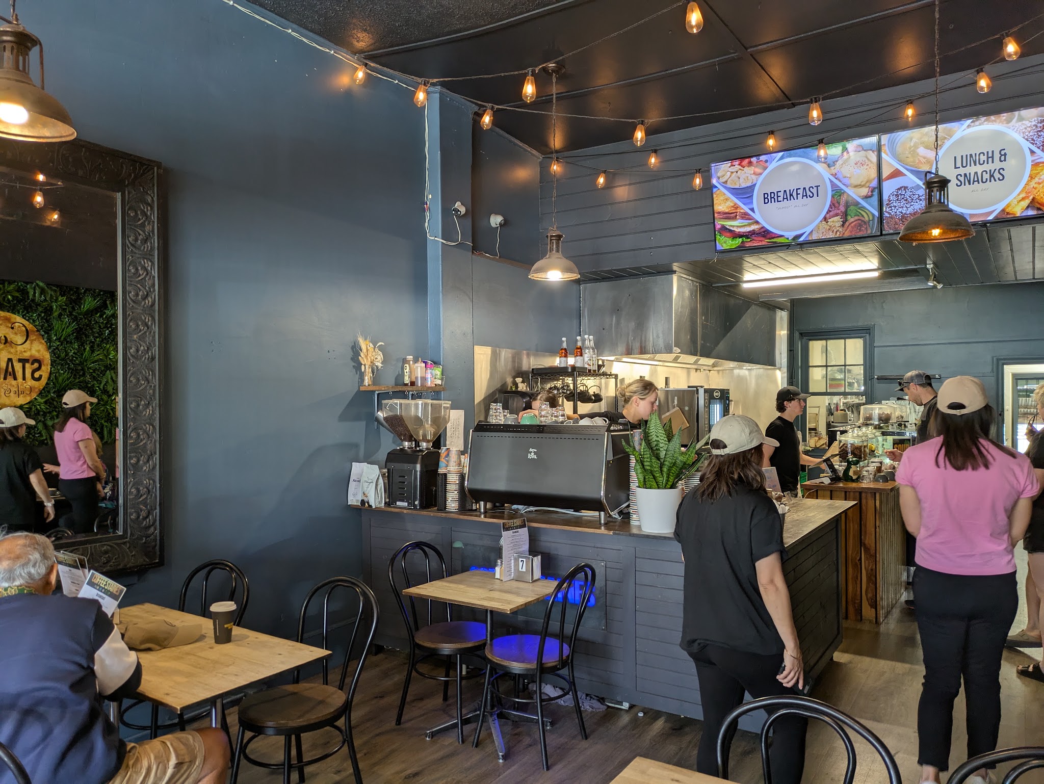 Inside Coffee Staines, the espresso machine and counter